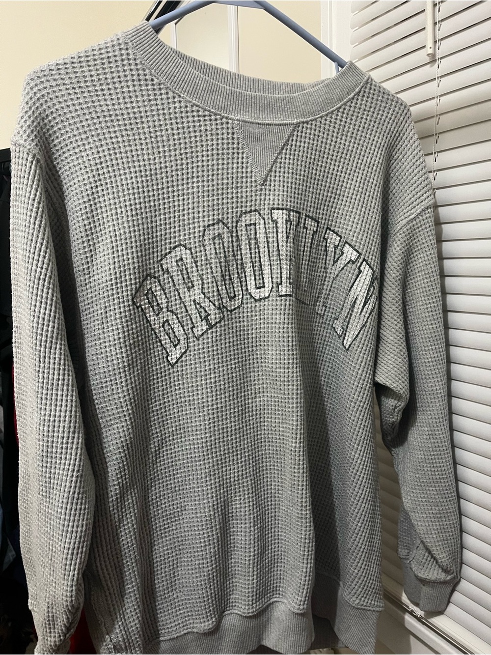 aerie Light Gray Waffle-Knit Crewneck with 'BROOKLYN' Arch